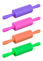 Set of four kitchen rolling pin made of heat-resistant silicone in different colors with a central work surface rotating around its axis, highlighted on a white background.