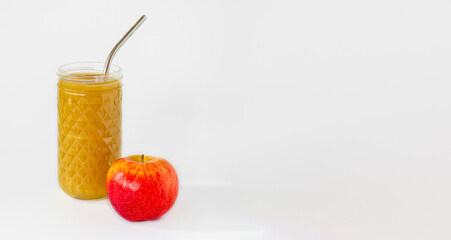 apple juice with pulp not filtered and not clarified, healthy delicious vitamin drink, banner, place for text
