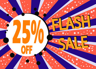 Flash sale 25% off, poster design template, discount banner in white and orange, vector illustration.