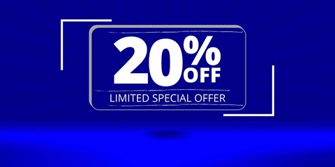 20% off limited special offer. Banner with twenty percent discount on a blue background with white square and blue