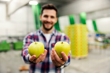 Selective focus on hands offering fresh apples in food factory storage.