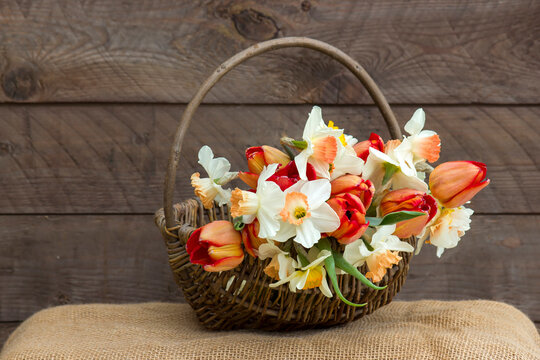 bouquet of spring flowers in a basket