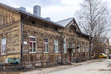 Sortavala, Leningrad region, Russia, - May 10, 2022, Residential wooden house, architectural monument, street of Soviet cosmonauts, 14