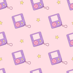Purple retro portable pocket game of 90s with stars vector seamless pattern