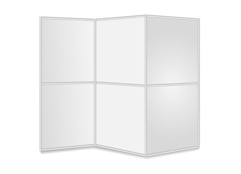 Portable banner with three panels for presentation. Mobile exhibition folding Stand. White Mockup. Fold Up display board. Vector realistic template. EPS10.