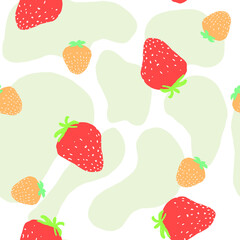 Hand drawn cute doodle strawberry white seamless  pattern. Red berry paper green abstract.