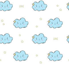 Little cute happy clouds with stars. White pattern and scrapbooking love paper for baby.