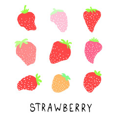 Hand drawn cute doodle isolated strawberry illustration. Red berry set collection food.