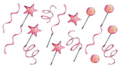 Fototapeta na wymiar Watercolor illustration of hand painted pink, orange lollipop candy, sweets for children in the form of star and round. Sticks with laces for gymnastics. Isolated clip art elements for cards, patterns