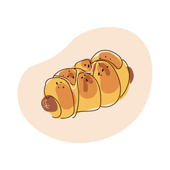 Appetizing hot dog bun. Lunchtime snack.Street food. Fast food. Cartoon vector illustration isolated on white background.