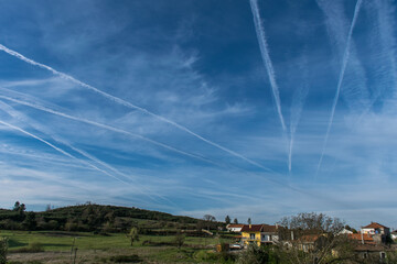 village in the countryside wakes up in the morning with the scratched sky