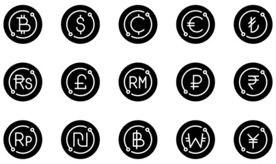 Set of Vector Icons Related to Currency. Contains such Icons as Bitcoin, Dollar, Cents, Euro, Pound, Baht and more.