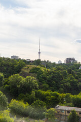 Kyiv, Ukraine – July 08, 2017: A beautiful panorama of Podil area. Aerial view on residential and industrial areas. A lot of buildings of different architectural style. Historical area, Dnipro river.