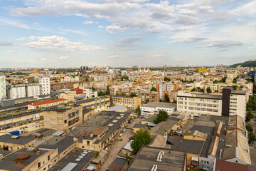 Kyiv, Ukraine &ndash; July 08, 2017: A beautiful panorama of Podil area. Aerial view on residential and industrial areas. A lot of buildings of different architectural style. Historical area, Dnipro river.