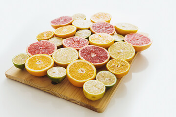 Sliced citrus fruits such as grapefruit, orange, lemon and lime on cutting board against white background