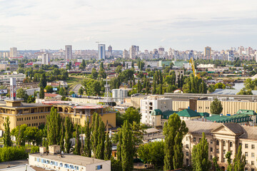 Kyiv, Ukraine – July 08, 2017: A beautiful panorama of Podil area. Aerial view on residential and...