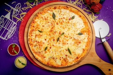 queen margherita pizza with tomato sauce and mayo isolated on wooden board top view of italian food on wooden background