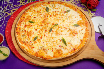 queen margherita pizza with tomato sauce and mayo isolated on wooden board top view of italian food on wooden background