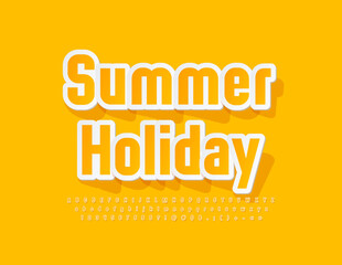 Vector sunny Banner Summer Holiday. Yellow Sticker Font. Modern Creative Alphabet Letters and Numbers set	