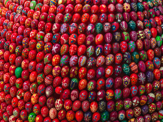 Colorful festive Easter eggs. Easter egg. Religious decorations. Background of Easter eggs