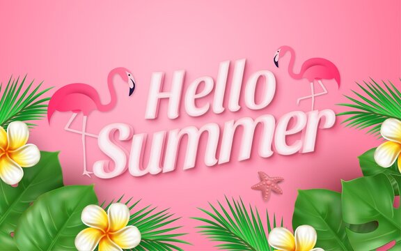 Realistic hello summer sale concept with tropical leaf flamingo and starfish on pink background