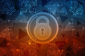 Digital Padlock on abstract technology background, Technology security concept. Modern safety digital background. Protection system, Cyber Security and safety information, personal data concept