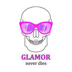 Skull in pink sunglasses. Glamor never dies. Print design for t-shirt, sticker, sticker, notepad. Vector illustration isolated on white background
