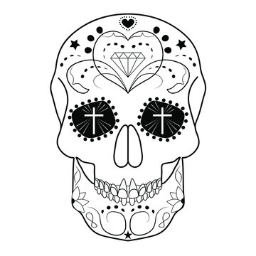 Vector black and white tattoo skull illustration. Day of the Dead