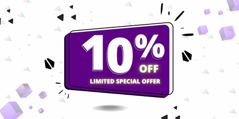 10% off limited special offer. Banner with ten percent discount on a  white background with purple square and black