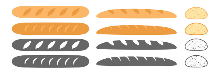 Set of bread on a white background in the cartoon style. Fresh and testy baguette. Bread icon
