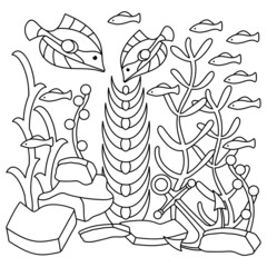 Exotic underwater plants coloring page. Marine flora and fauna. Hand drawn Vector illustration