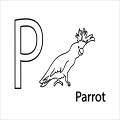 Alphabet coloring for kids. Letter ''P''- parrot. Vector illustration.Education card for kids.Game and Coloring.