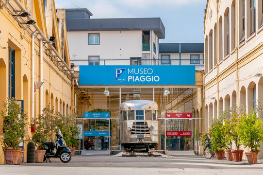 The entrance and external courtyard of the Piaggio museum in Pontedera, Pisa, Italy