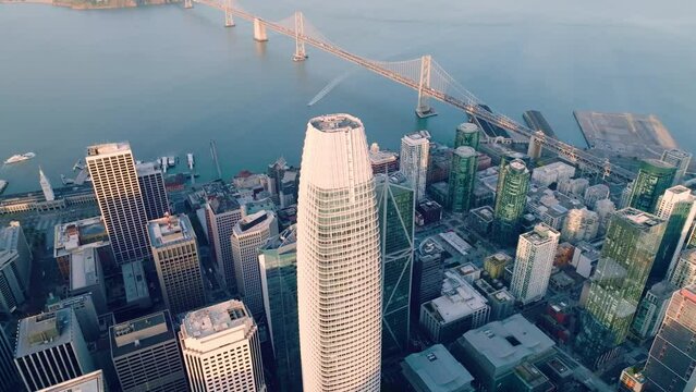 San Francisco skyline aerial cityscape orbit flythrough over skyscrapers, California, USA