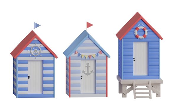 Set isolated cartoon beach houses on white background. Sea huts blue, red colors with flags, lifebuoy, garlands, anchor and steering wheel. 3d rendering illustration.