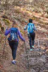 Fototapeta na wymiar Two female backpacker hikers on a forest pathway. Mountain trekking