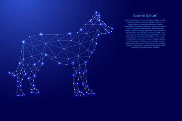 Dog from futuristic polygonal blue lines and glowing stars for banner, poster, greeting card. Vector illustration.