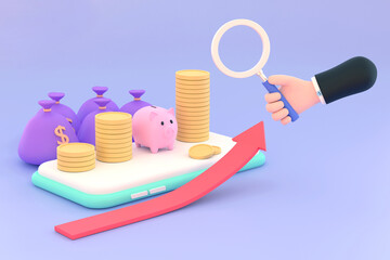 Hand holding magnifying glass and piggy bank, coins, money bag, concept of financial management