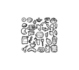 Set of food. Baking buns and meat dishes. Hand drawing outline. Isolated on white background. Monochrome drawing. Vector