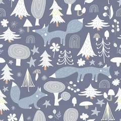 Winter woodland baby fox animals - nursery pattern. Seamless forest animal fabric and wallpaper print. © Anya D
