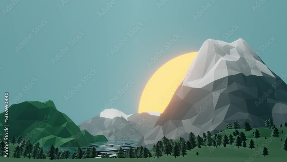 Poster Low poly mountains landscape background. Polygonal shapes peaks with snow on top and trees around. Sunset wallpaper.  3d 
rendering illustration. Background pattern for design.