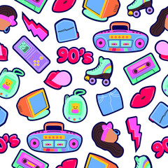 Seamless pattern with trendy patch badges with woman, lips, tape recorder, speech bubbles and other elements on white background. Vector illustration on theme fashion 90s.