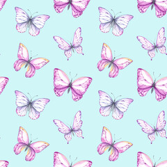 Watercolor pattern with colored butterflies