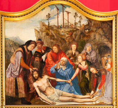 ANTWERP, BELGIUM - SEPTEMBER 5, 2013: Paint of Deposition of the cross scene by Quinten Mestsijs from years 1509 - 1511 in the cathedral of Our Lady