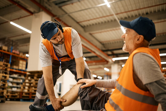 Warehouse worker helps his mature coworker who injured leg while working in storage compartment.