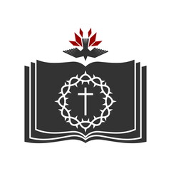 Christian illustration. Church logo. The cross of Jesus against the background of an open bible, on top is a dove - a symbol of the Spirit.