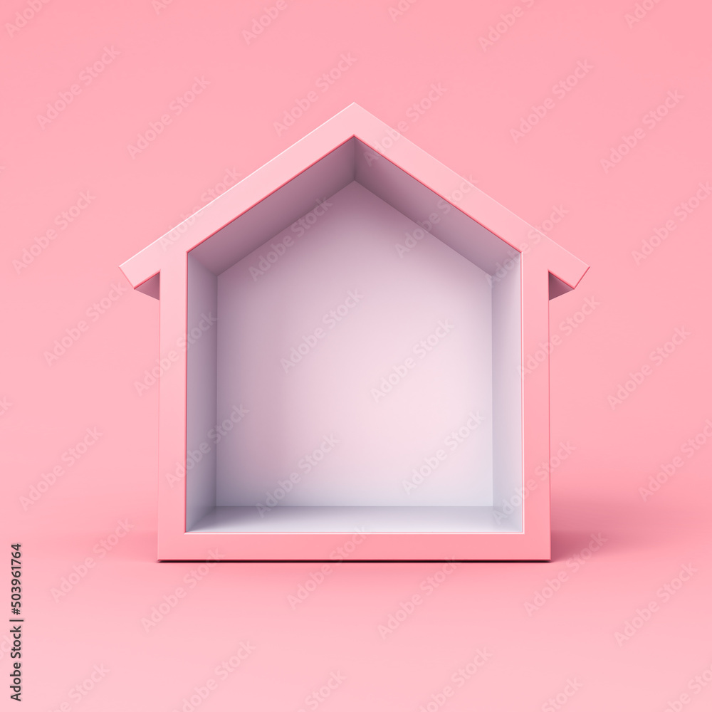 Poster blank sweet exhibition booth house showcase or simple display house box stand isolated on pink paste