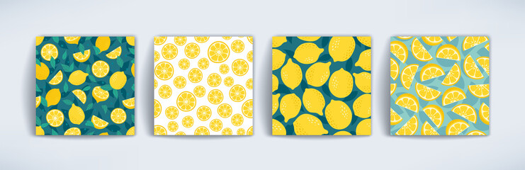 Cute Vector Lemon Hand drawn seamless patterns set. Summer fruit slice, tropical fresh fruits, yellow and green lemons backgrounds. Lemonade print repeat texture for wallpaper, fabric, textile, paper.