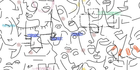 One line drawing. Abstract face seamless pattern.