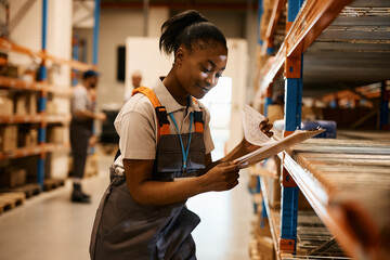 Young black woman analyses inventory list while working at distribution warehouse.